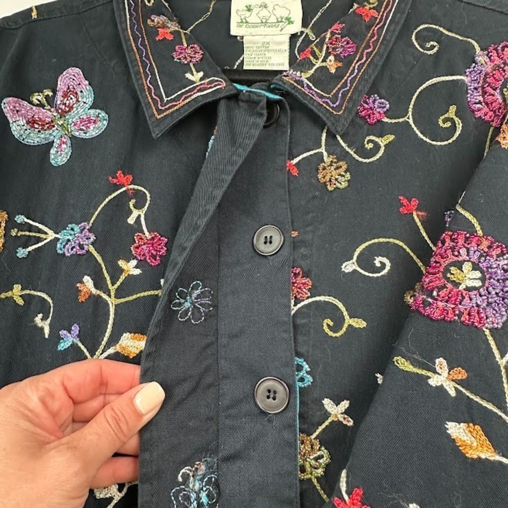 Quacker Factory Blazer Womens 2X Black Sequin Flower Butterfly Embroidered Boho - Picture 8 of 13